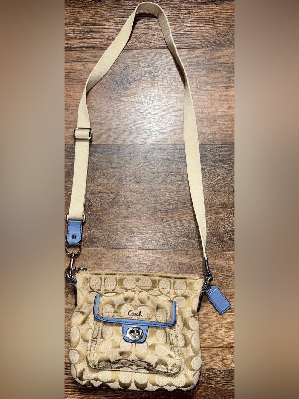 Coach Penelope Signature Crossbody Khaki Blue Canvas Turnlock Pocket - Picture 2 of 14